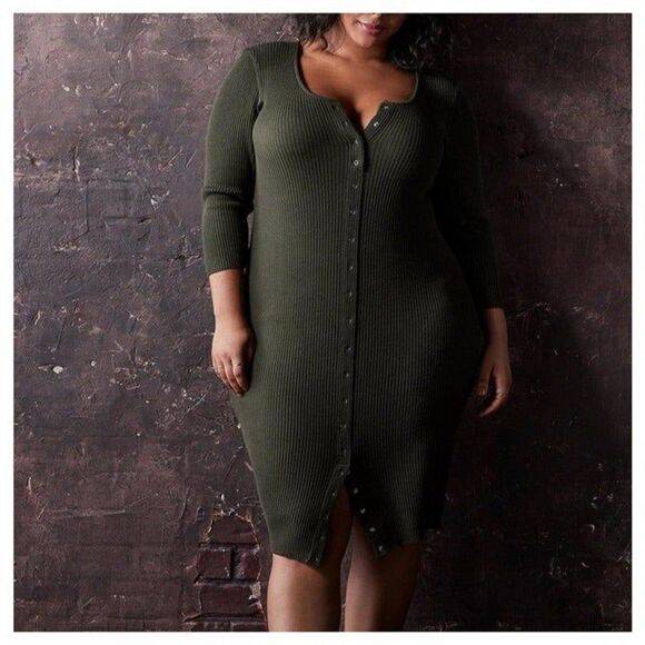 Torrid Olive Green Rib Button Front Bodycon Midi Dress - Picture 1 of 5